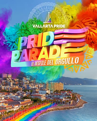 Vallarta Pride Parade 2026 official poster with the Puerto Vallarta skyline and bay